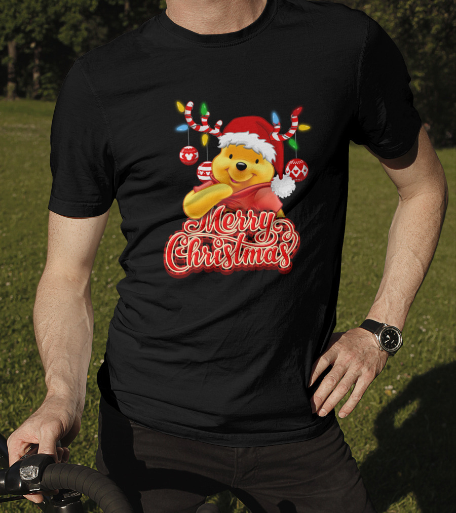 Merry Christmas Pooh Santa Hat Festive Lights Antlers T-Shirt