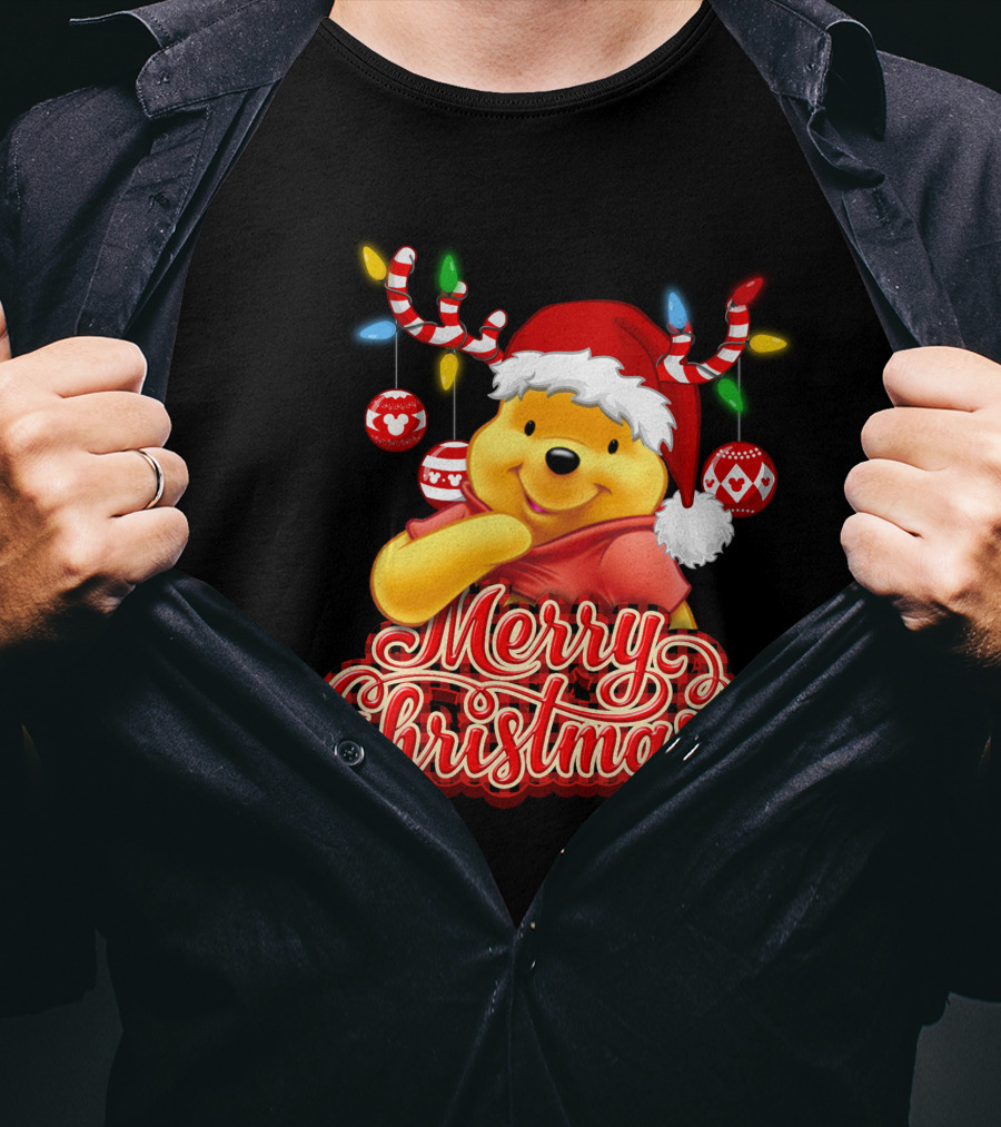 Merry Christmas Pooh Santa Hat Festive Lights Antlers T-Shirt