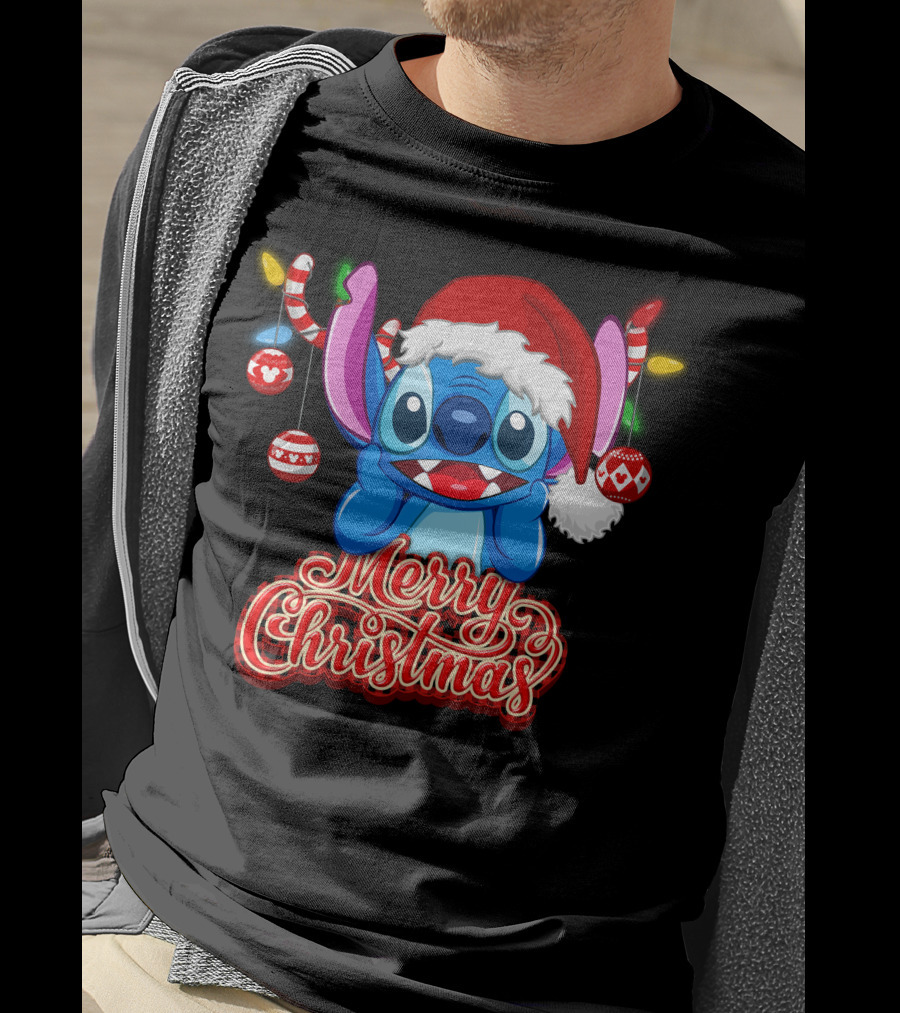 Merry Christmas Stitch Santa Hat Ornaments T-Shirt