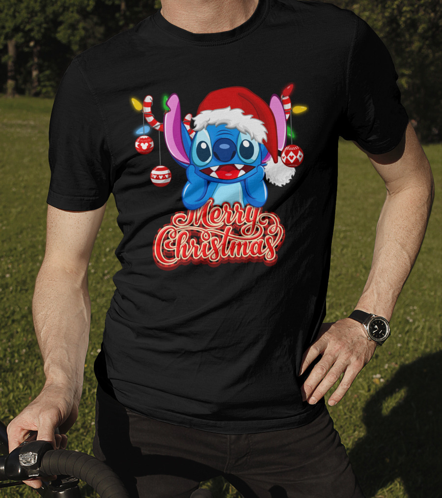 Merry Christmas Stitch Santa Hat Ornaments T-Shirt
