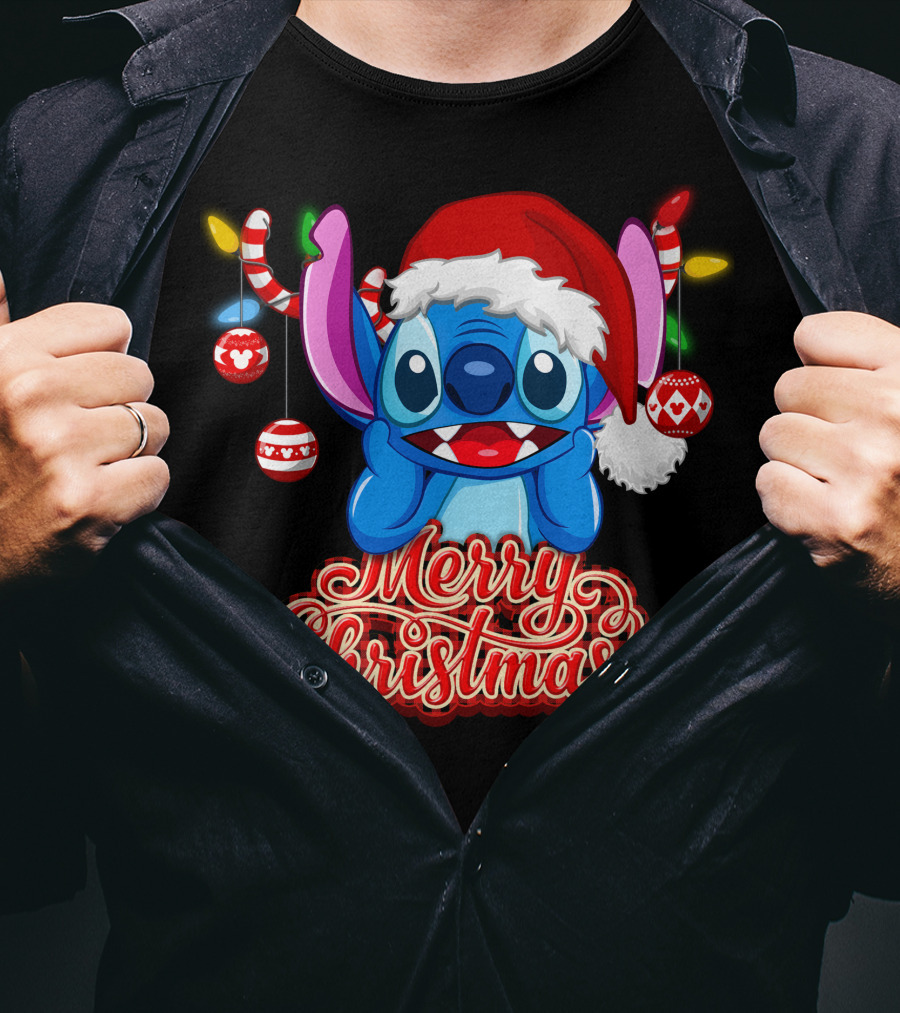 Merry Christmas Stitch Santa Hat Ornaments T-Shirt