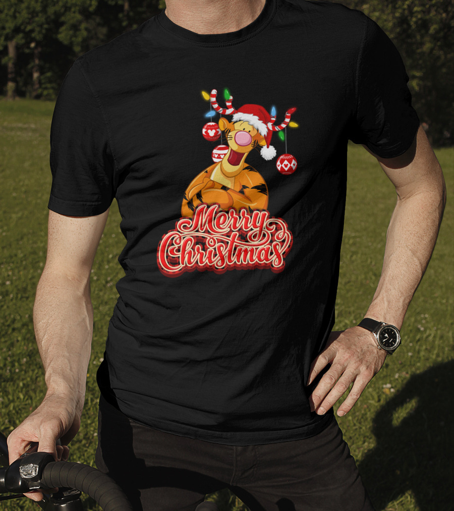 Merry Christmas Tigger Santa Hat Festive Lights And Ornaments T-Shirt