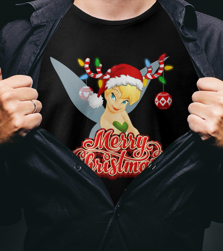 Merry Christmas Tinkerbell Santa Hat Reindeer Antlers Lights Holiday T-Shirt