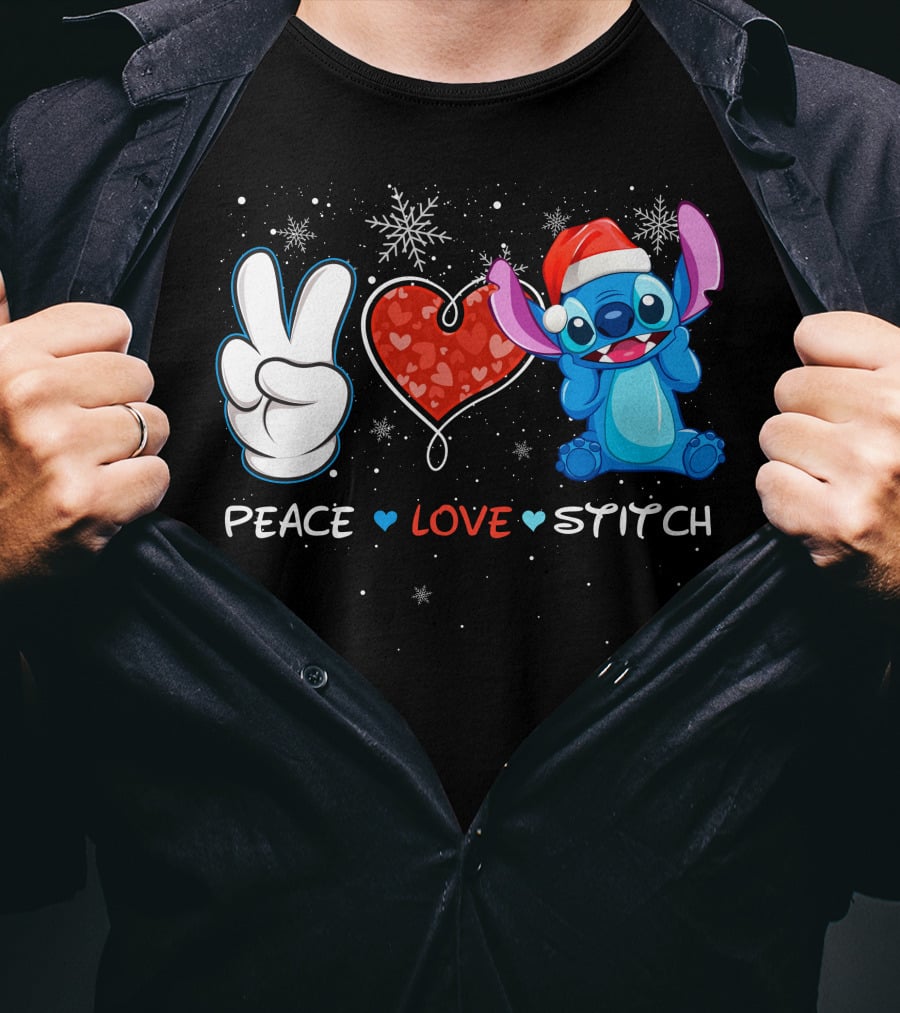 Peace Love Stitch Christmas Santa Hat T-Shirt
