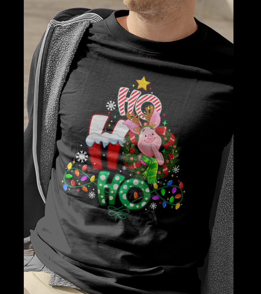 Ho Ho Ho Christmas Piglet Reindeer Lights Snowflakes T-Shirt