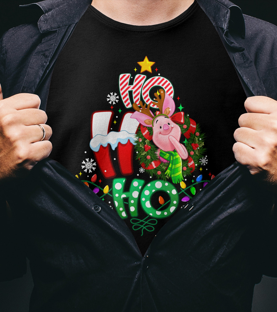 Ho Ho Ho Christmas Piglet Reindeer Lights Snowflakes T-Shirt