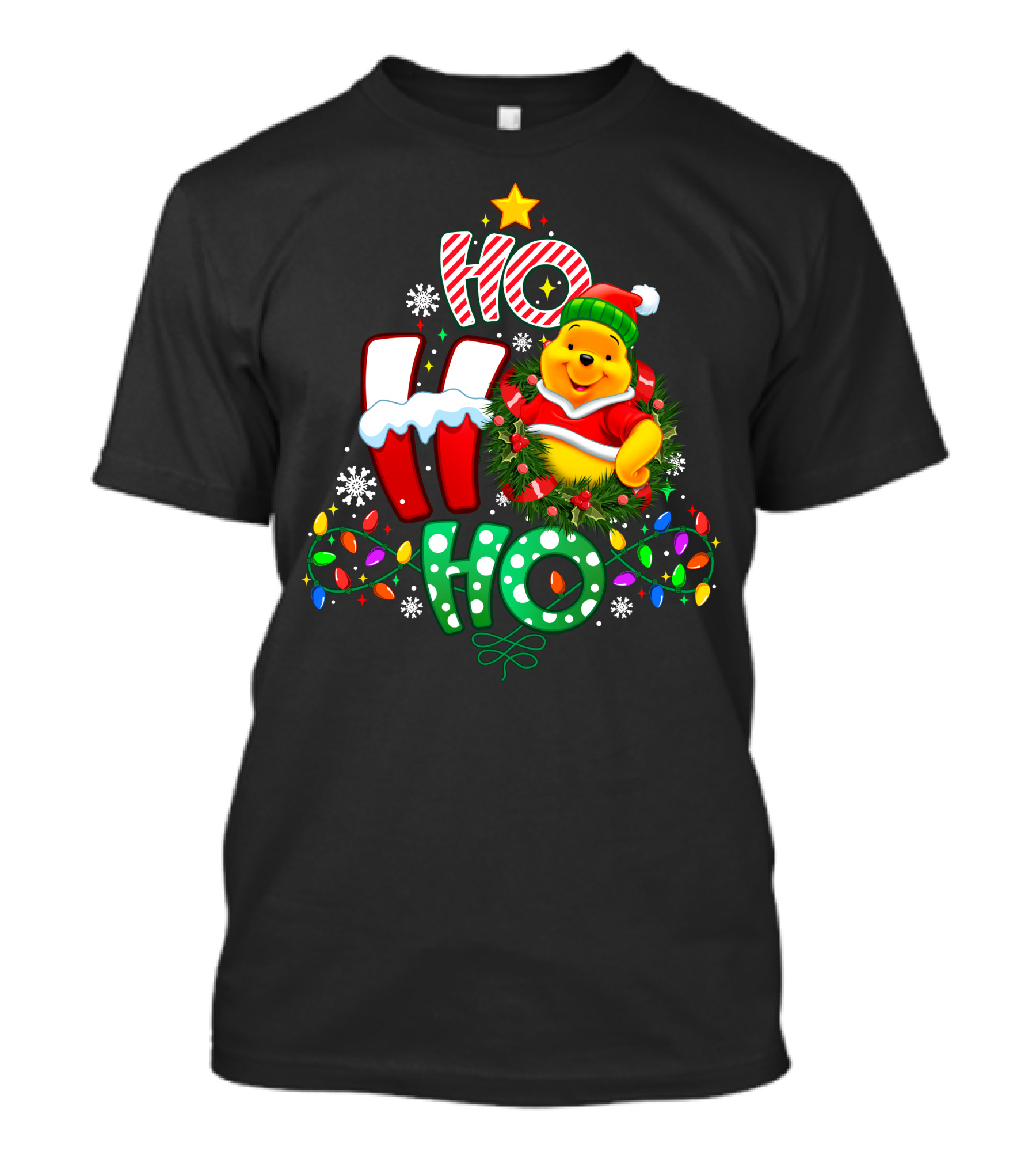 Ho Ho Ho Pooh Christmas Lights Snowflakes Wreath Santa Hat T-Shirt