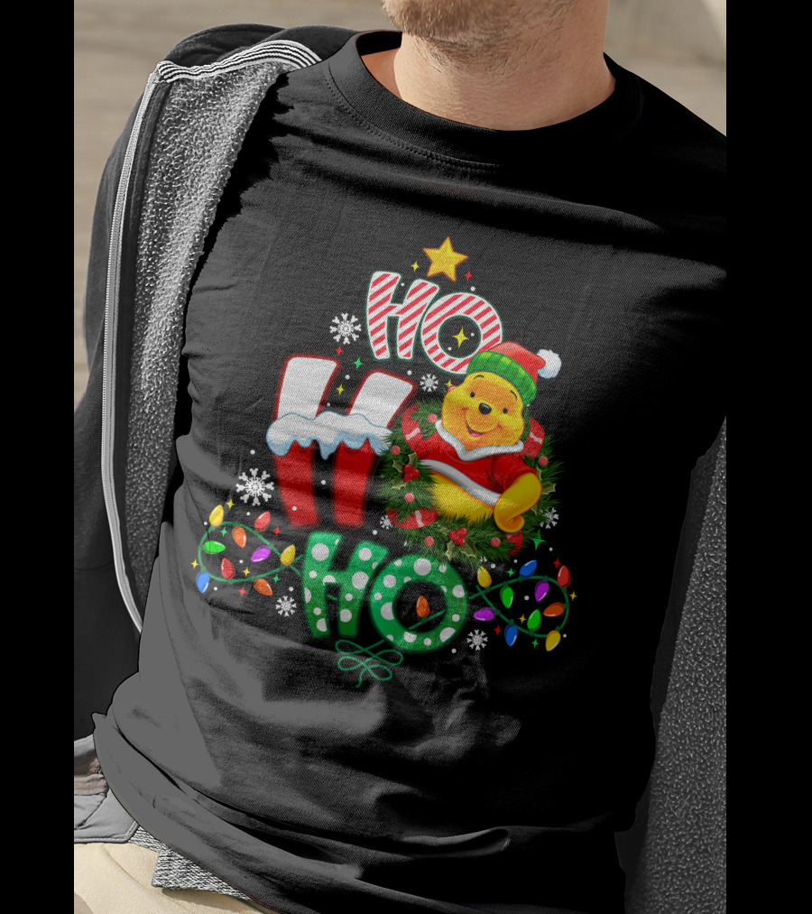Ho Ho Ho Pooh Christmas Lights Snowflakes Wreath Santa Hat T-Shirt