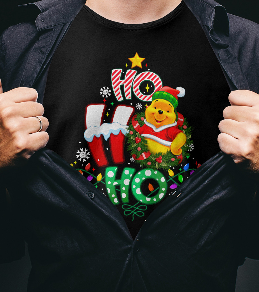 Ho Ho Ho Pooh Christmas Lights Snowflakes Wreath Santa Hat T-Shirt