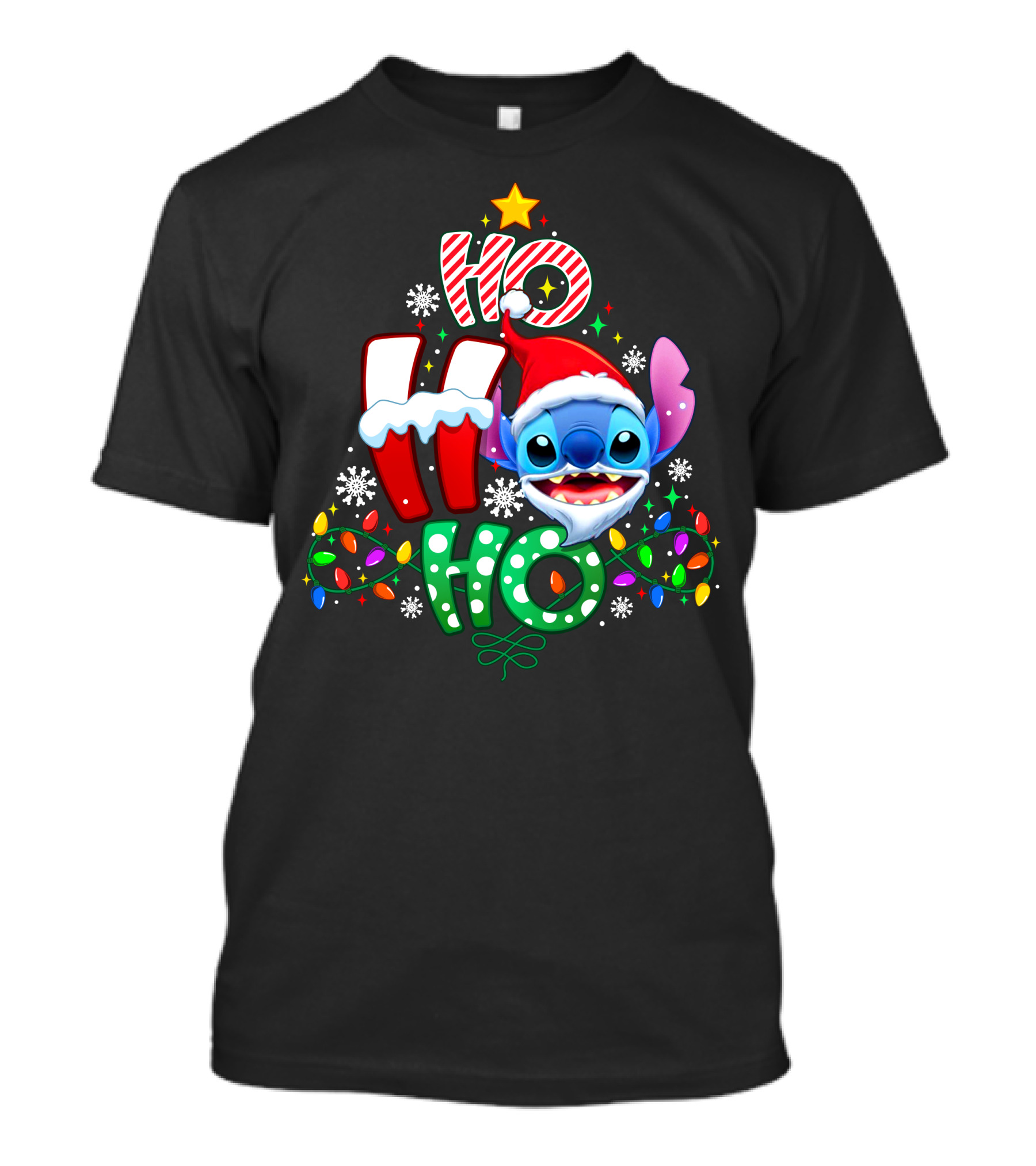 Stitch Ho Ho Ho Christmas Santa Hat Lights Snowflakes T-Shirt