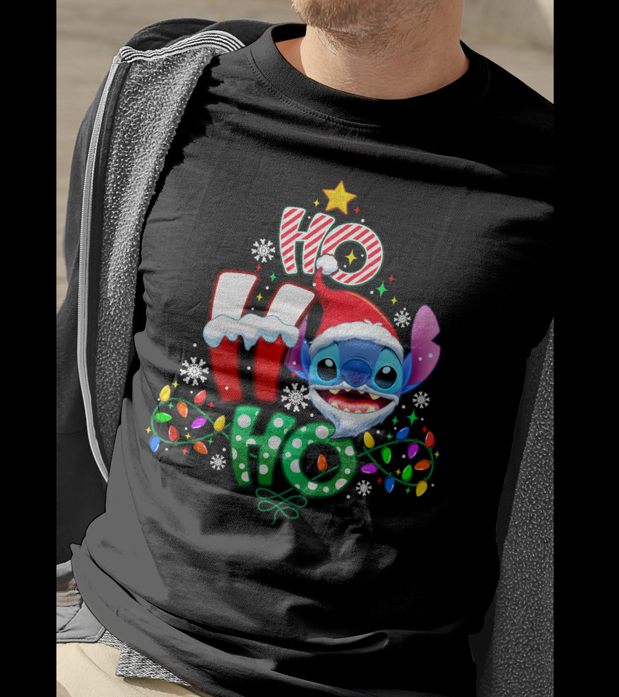 Stitch Ho Ho Ho Christmas Santa Hat Lights Snowflakes T-Shirt