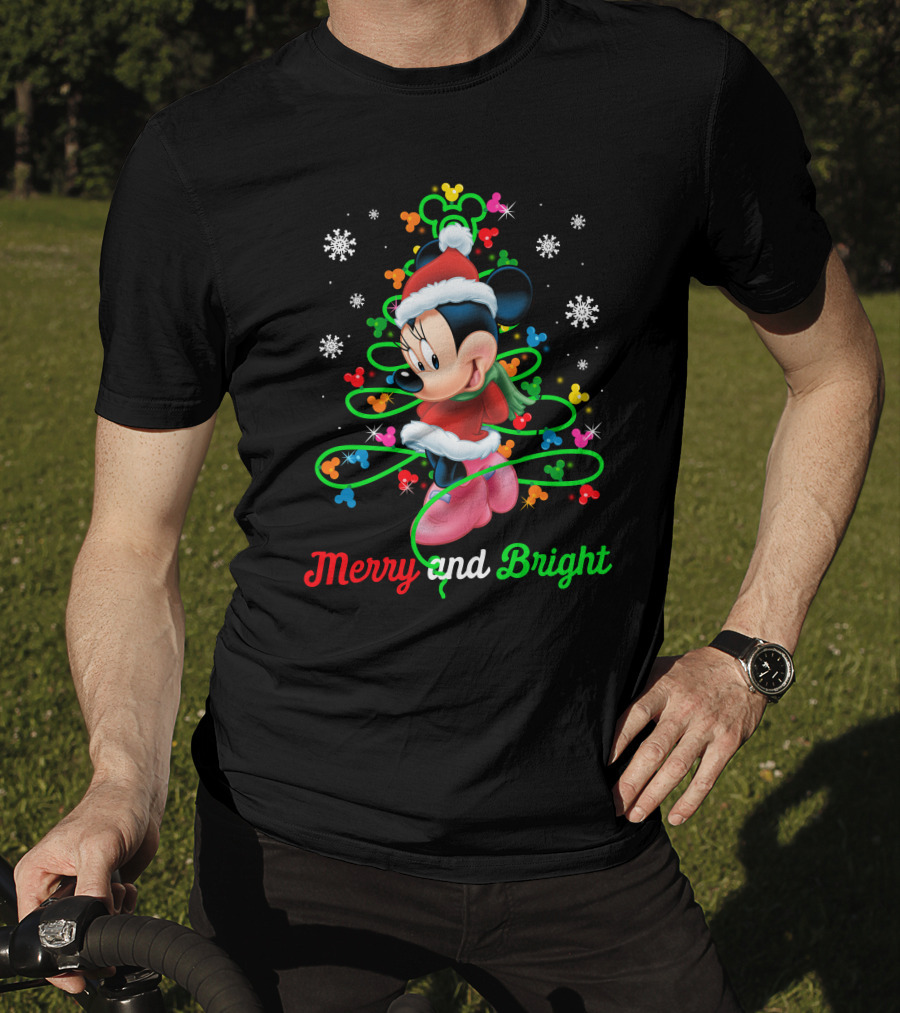 Merry And Bright Minnie Christmas Mickey Ears Holiday Snowflakes T-Shirt