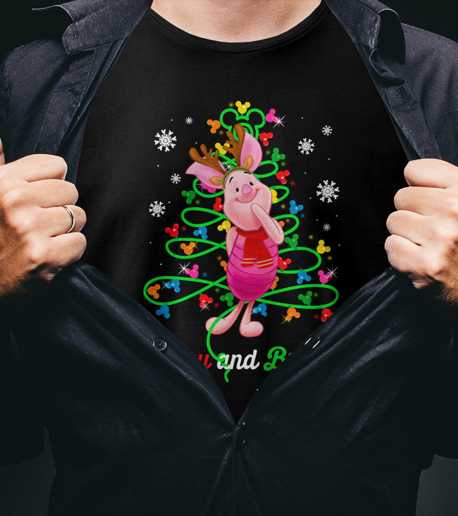 Merry And Bright Piglet Reindeer Christmas Tree Snowflakes T-Shirt