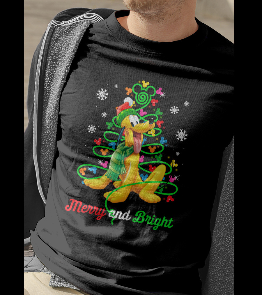 Pluto Merry And Bright Holiday Lights Mickey Snowflakes T-Shirt