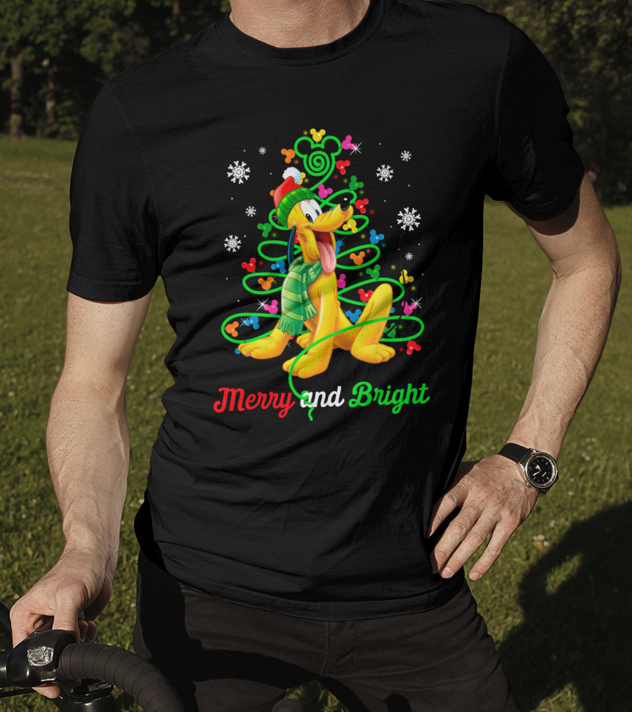 Pluto Merry And Bright Holiday Lights Mickey Snowflakes T-Shirt