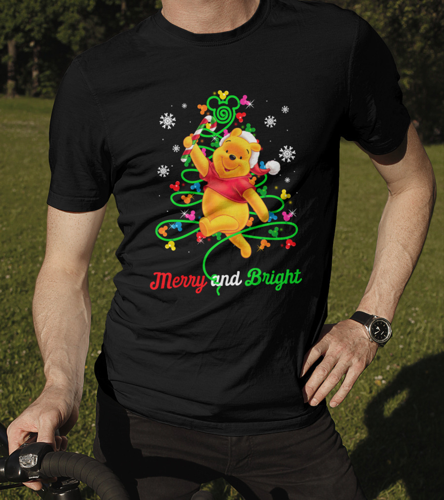 Merry And Bright Pooh Christmas Tree With Candy Cane And Mickey Mouse Ears T-Shirt