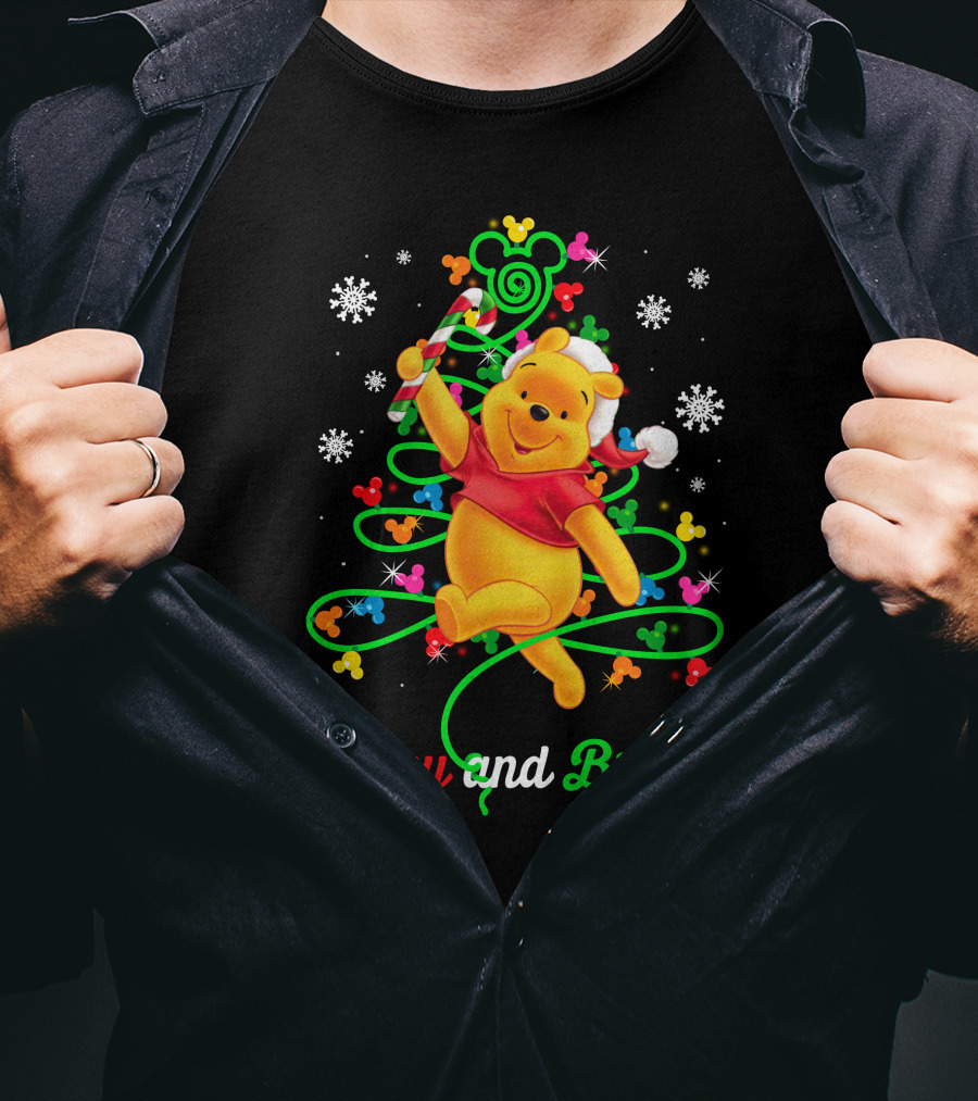 Merry And Bright Pooh Christmas Tree With Candy Cane And Mickey Mouse Ears T-Shirt