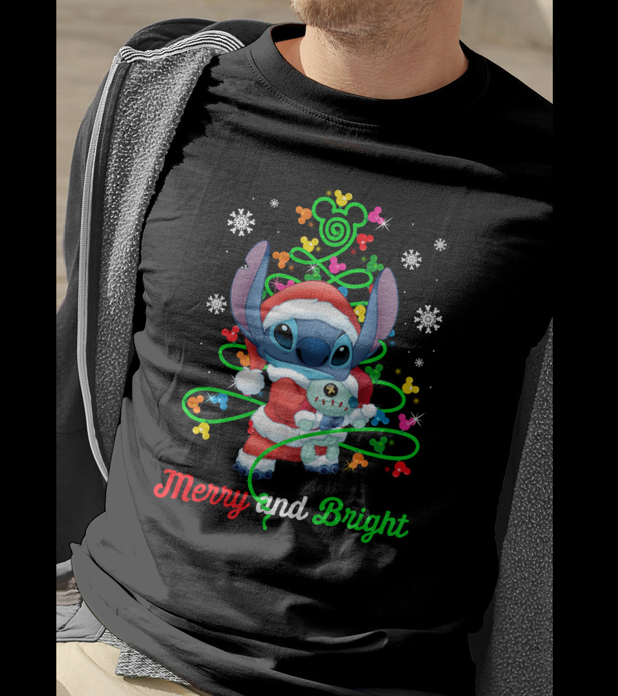 Merry And Bright Stitch Christmas Mickey Tree T-Shirt