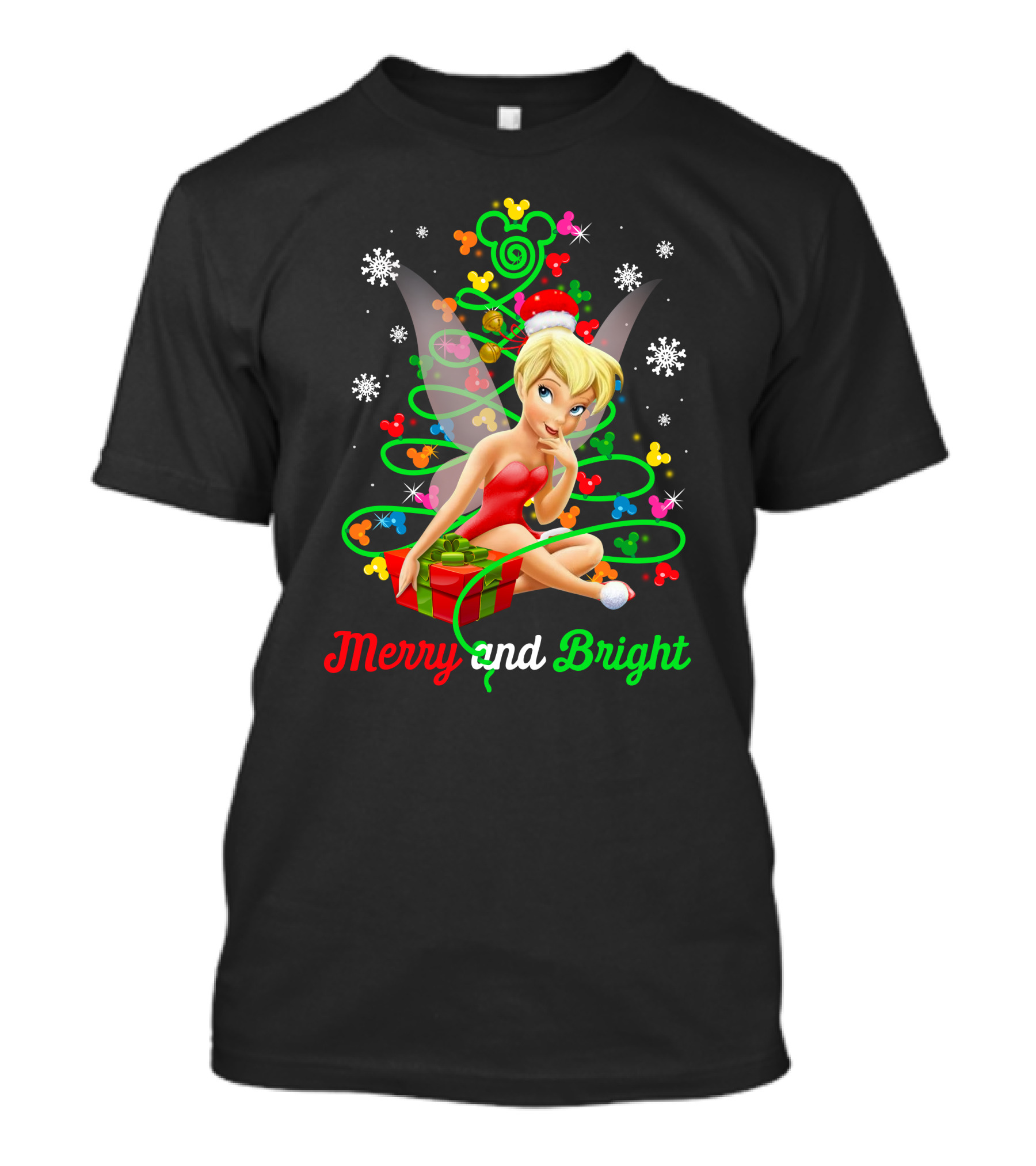 Merry And Bright Christmas Tinkerbell With Holiday Gift And Snowflakes T-Shirt