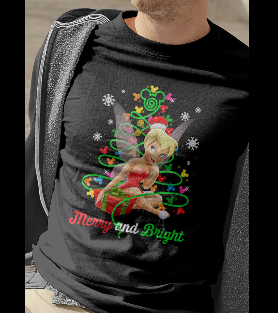 Merry And Bright Christmas Tinkerbell With Holiday Gift And Snowflakes T-Shirt