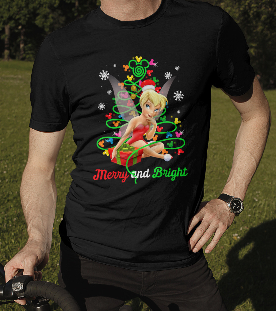 Merry And Bright Christmas Tinkerbell With Holiday Gift And Snowflakes T-Shirt