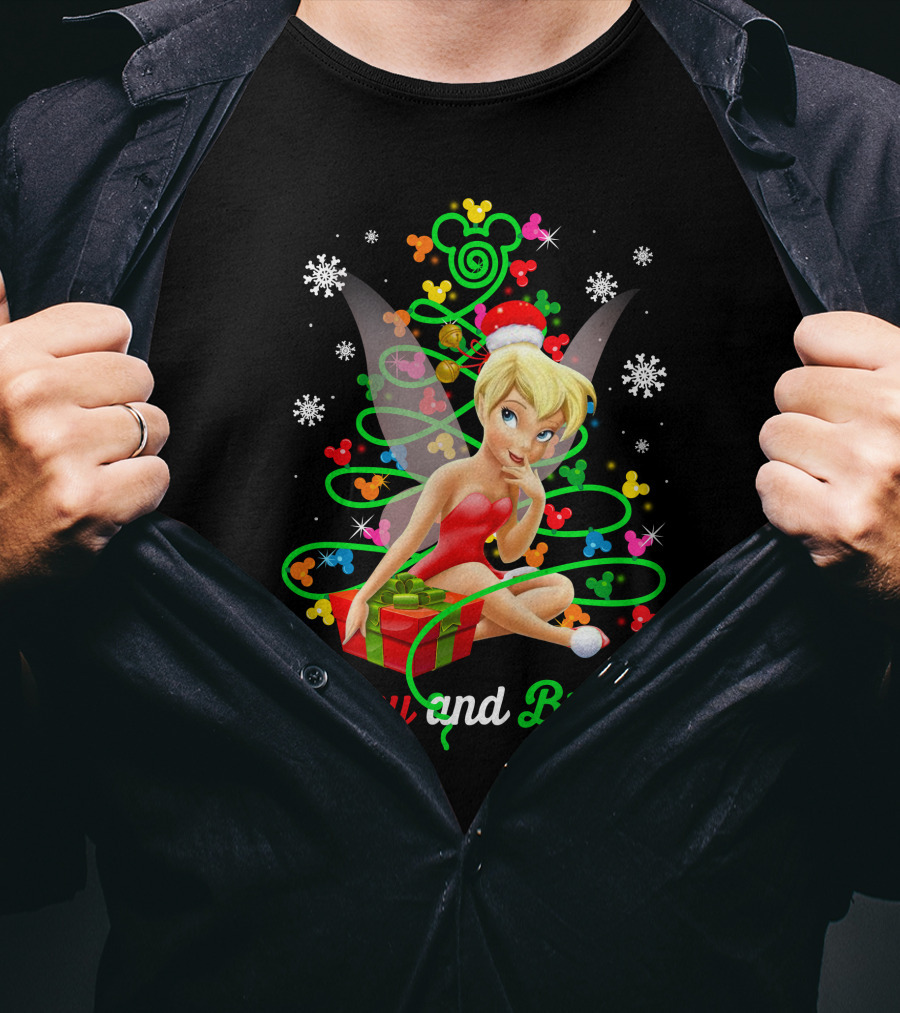 Merry And Bright Christmas Tinkerbell With Holiday Gift And Snowflakes T-Shirt