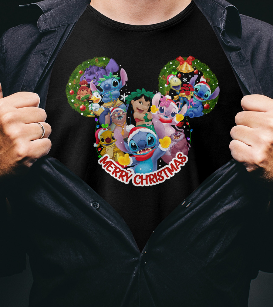 Merry Christmas Lilo And Stitch Disney Mickey Ears Wreath T-Shirt