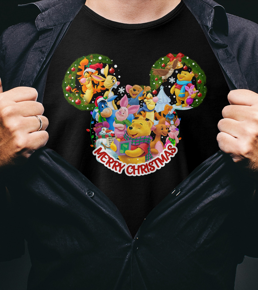 Merry Christmas Winnie The Pooh Disney Characters Mickey Ears T-Shirt