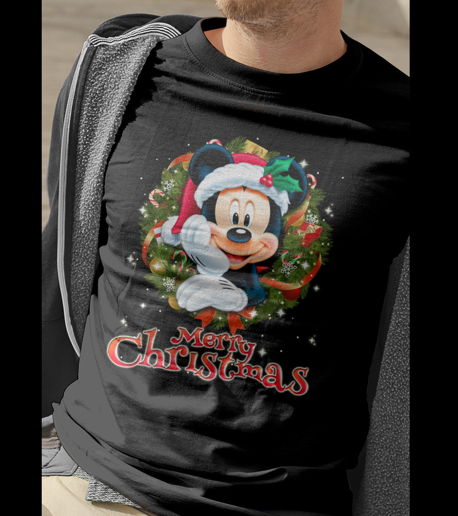 Mickey Merry Christmas Santa Hat With Holly Wreath T-Shirt