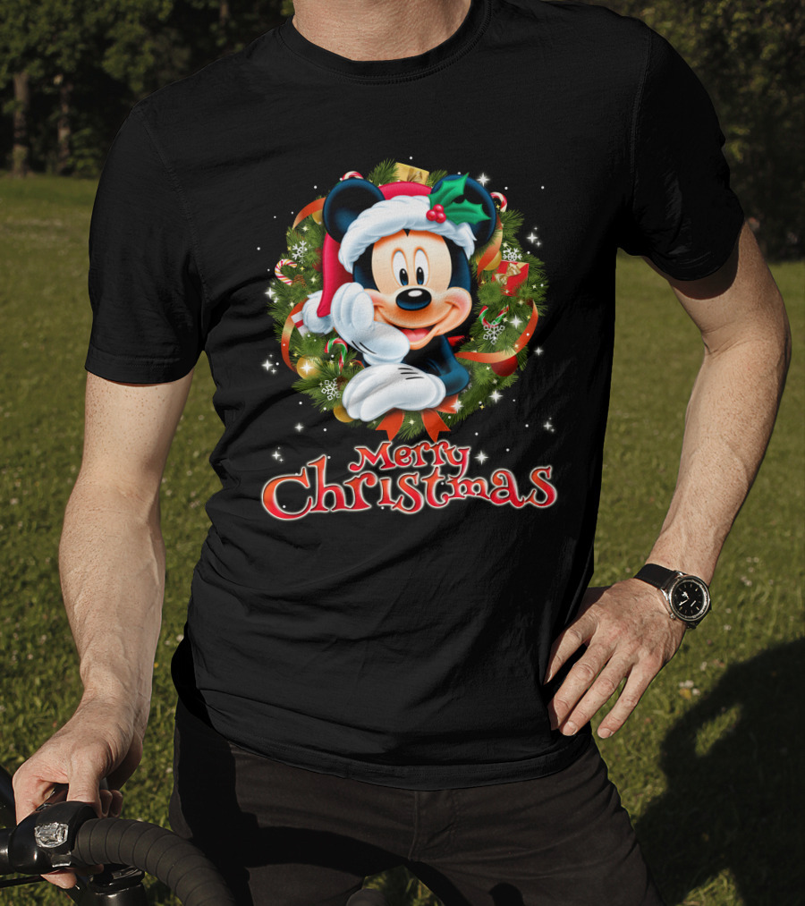 Mickey Merry Christmas Santa Hat With Holly Wreath T-Shirt