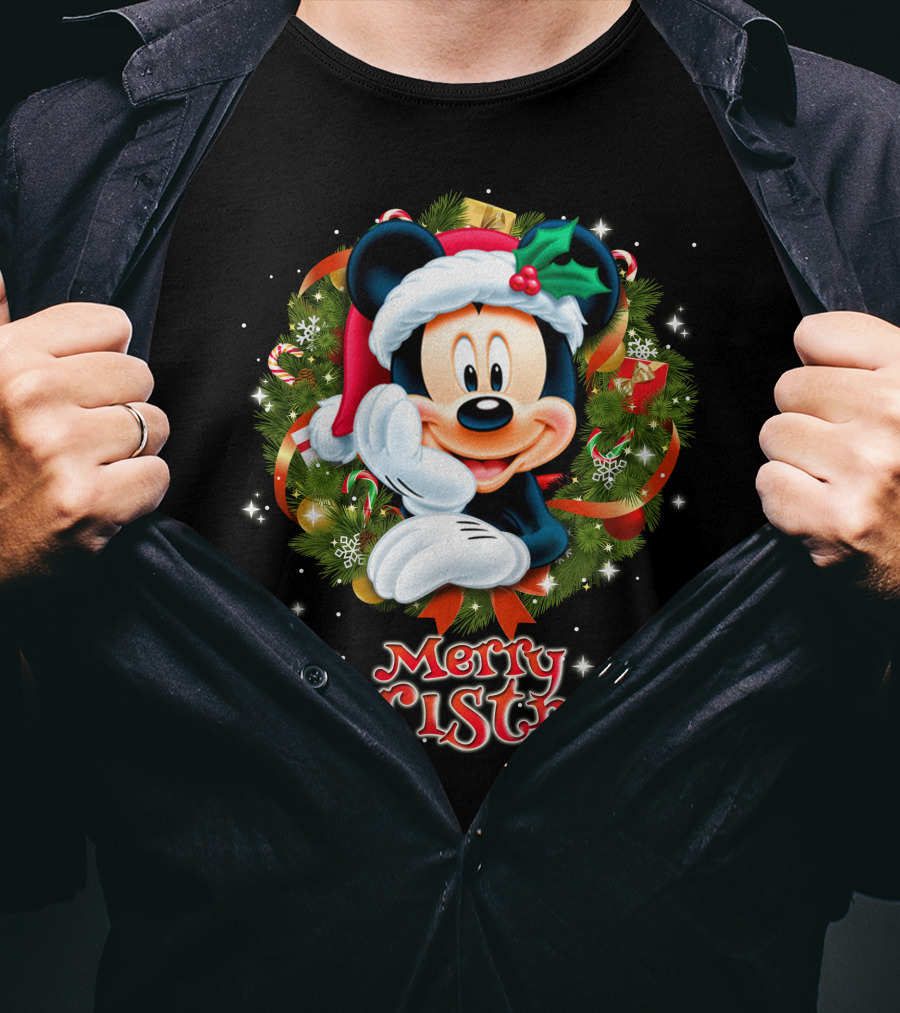 Mickey Merry Christmas Santa Hat With Holly Wreath T-Shirt
