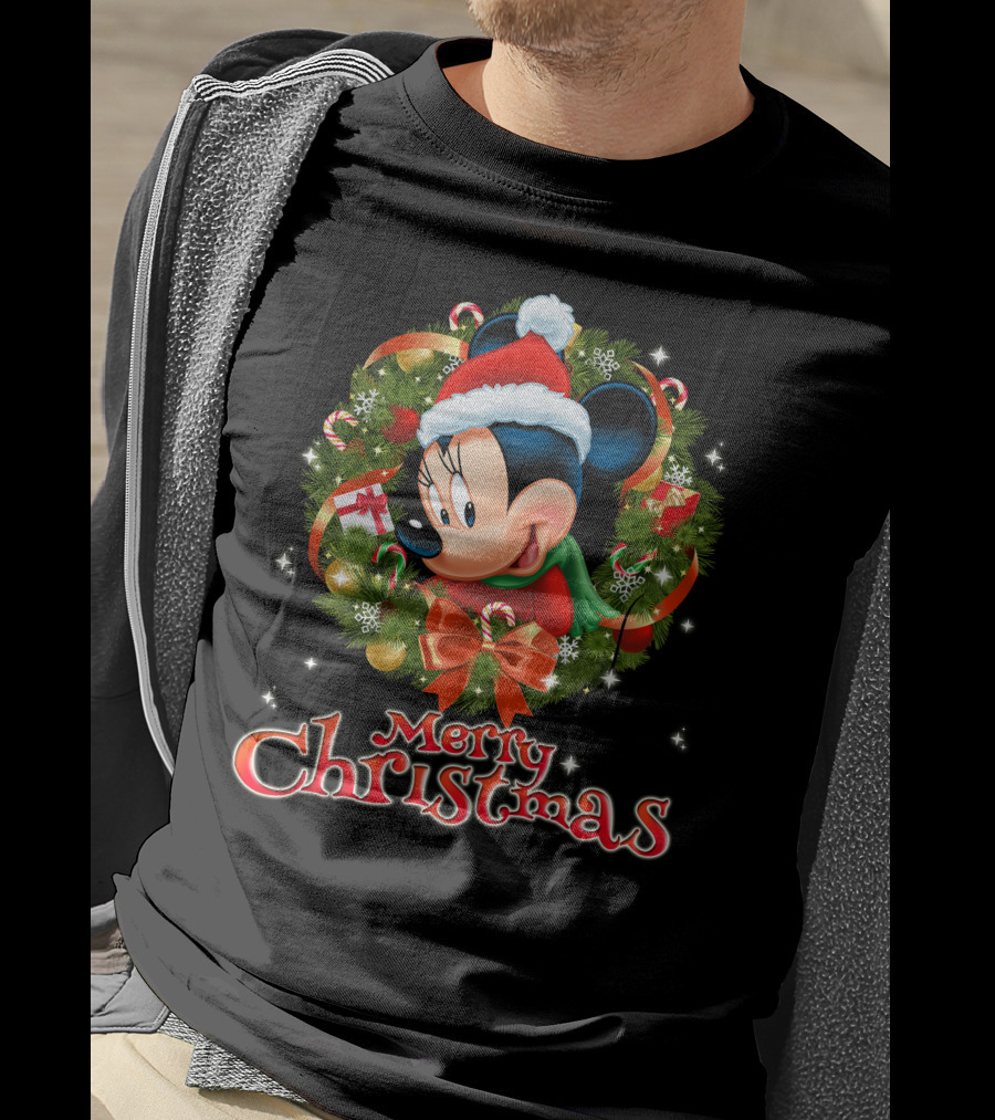 Minnie Mouse Merry Christmas Wreath Santa Hat Holiday Decor T-Shirt