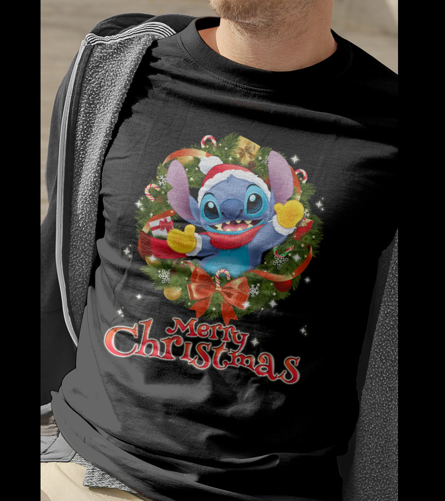 Merry Christmas Stitch Holiday Wreath Santa Hat Candy Cane T-Shirt