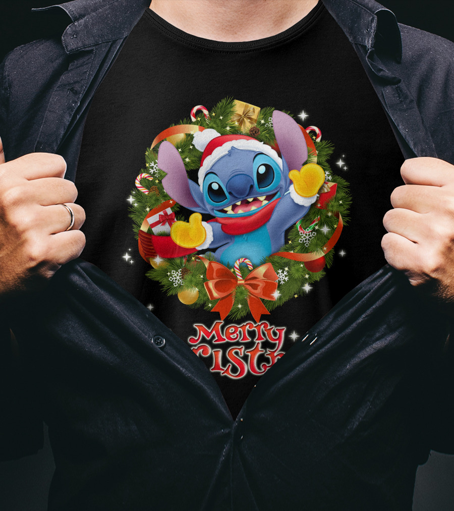 Merry Christmas Stitch Holiday Wreath Santa Hat Candy Cane T-Shirt