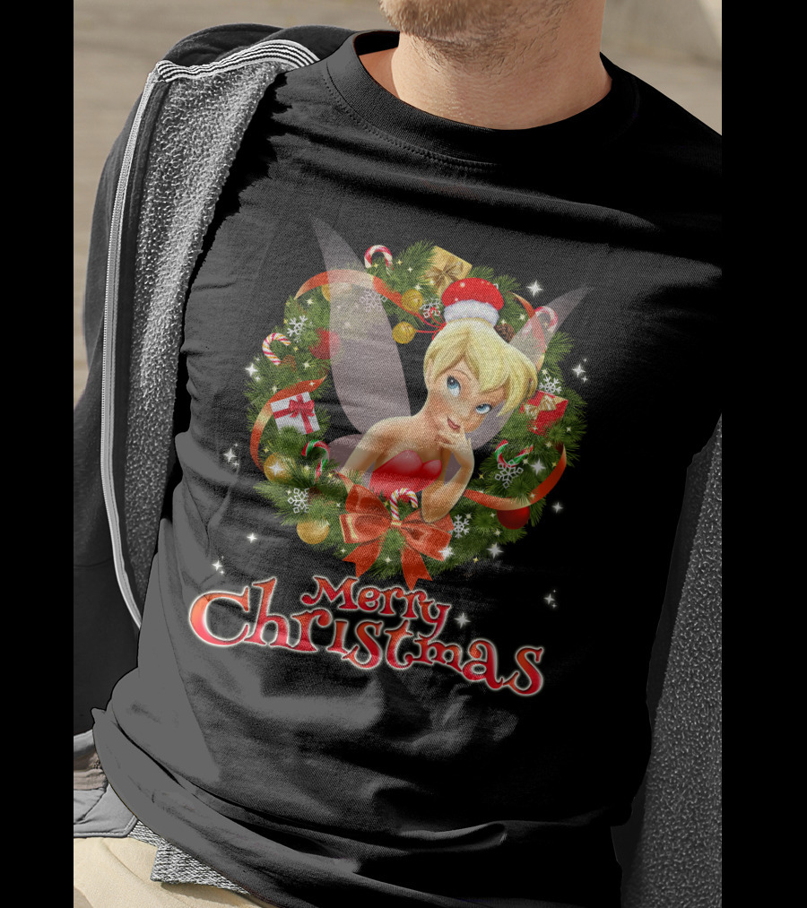 Merry Christmas Tinkerbell With Holiday Wreath T-Shirt