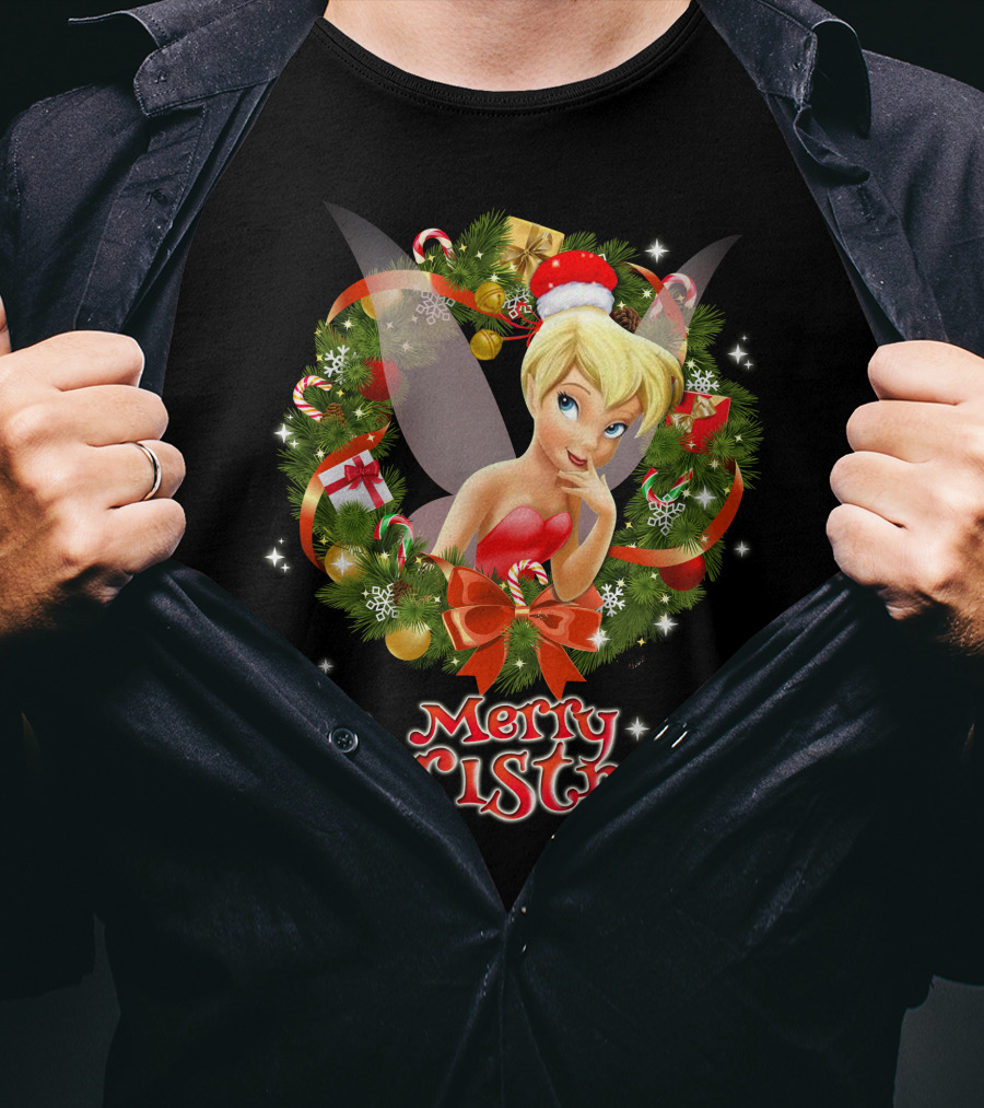 Merry Christmas Tinkerbell With Holiday Wreath T-Shirt