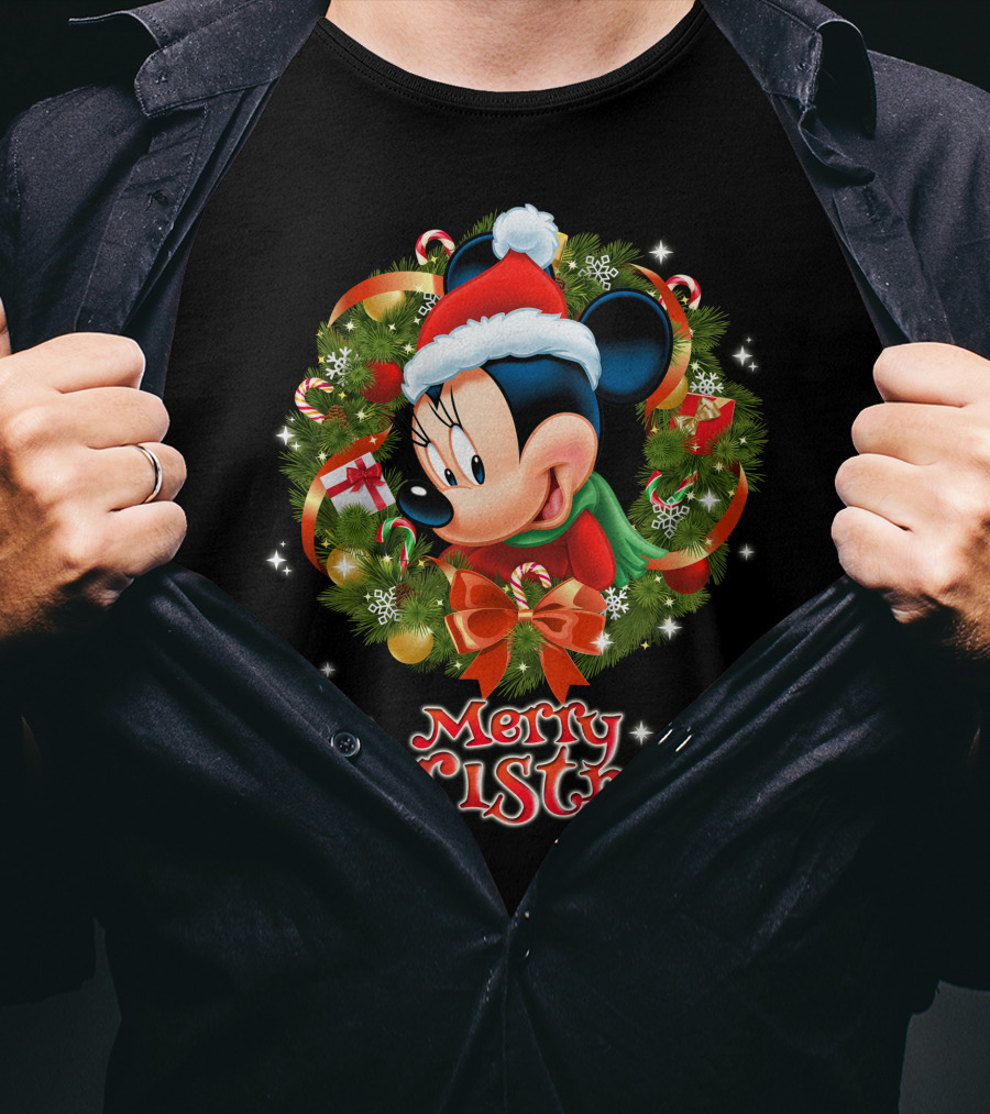 Merry Christmas Minnie Mouse Wreath With Santa Hat And Gifts T-Shirt