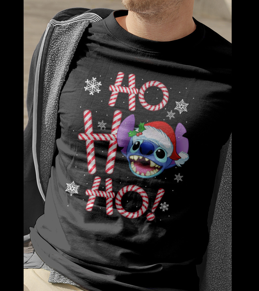 Ho Ho Ho Stitch Santa Hat Snowflakes Candy Cane T-Shirt