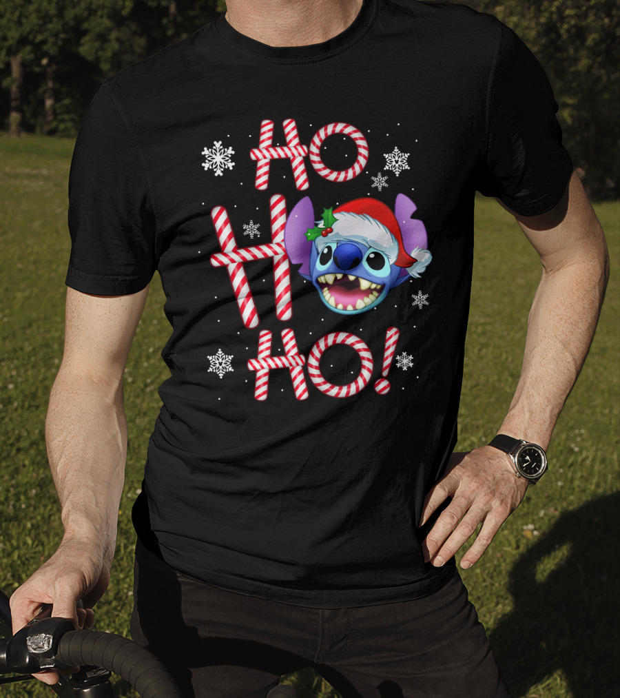 Ho Ho Ho Stitch Santa Hat Snowflakes Candy Cane T-Shirt