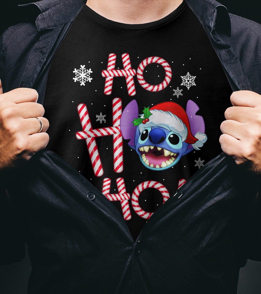 Ho Ho Ho Stitch Santa Hat Snowflakes Candy Cane T-Shirt