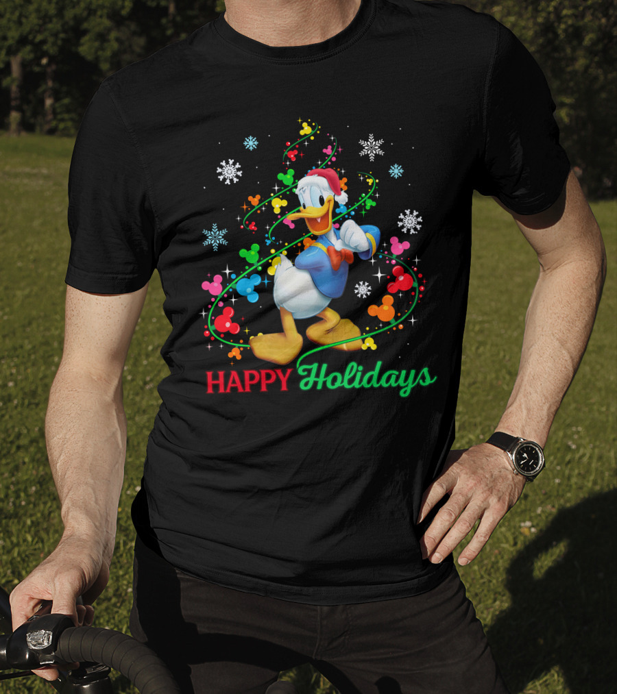 Happy Holidays Donald Duck Santa Hat Snowflake Icons And Mickey Heads T-Shirt