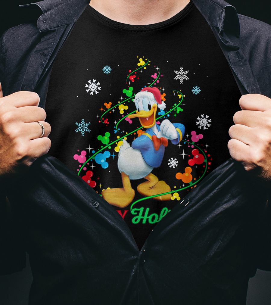Happy Holidays Donald Duck Santa Hat Snowflake Icons And Mickey Heads T-Shirt