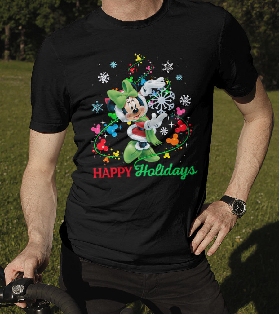 Happy Holidays Minnie Snowflakes And Colorful Mickey Icons T-Shirt