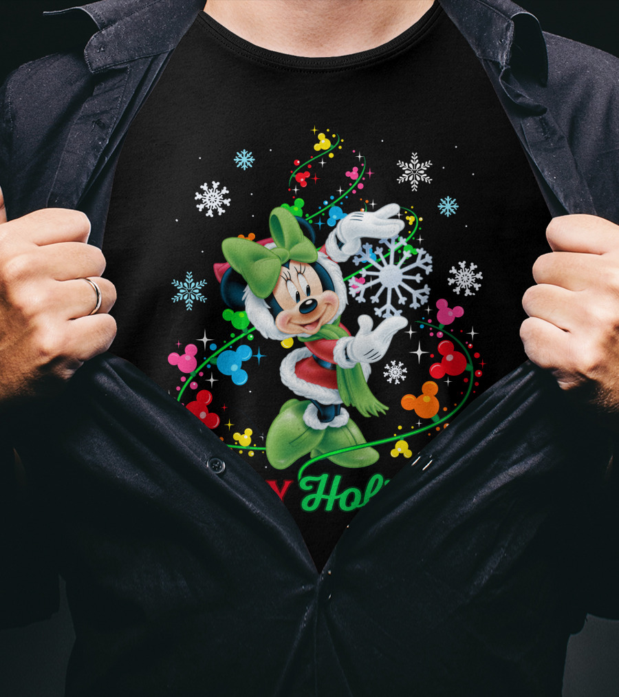Happy Holidays Minnie Snowflakes And Colorful Mickey Icons T-Shirt