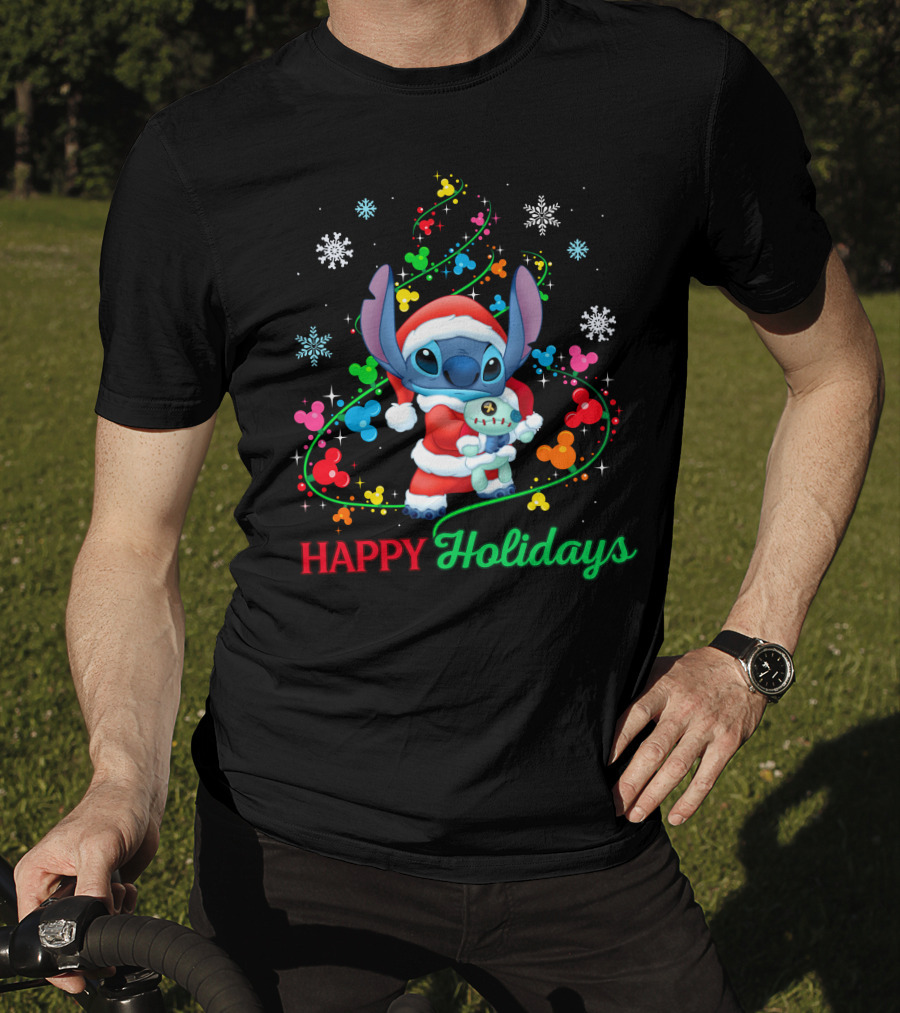 Happy Holidays Stitch Santa With Snowflakes And Mickey Mouse Ears T-Shirt
