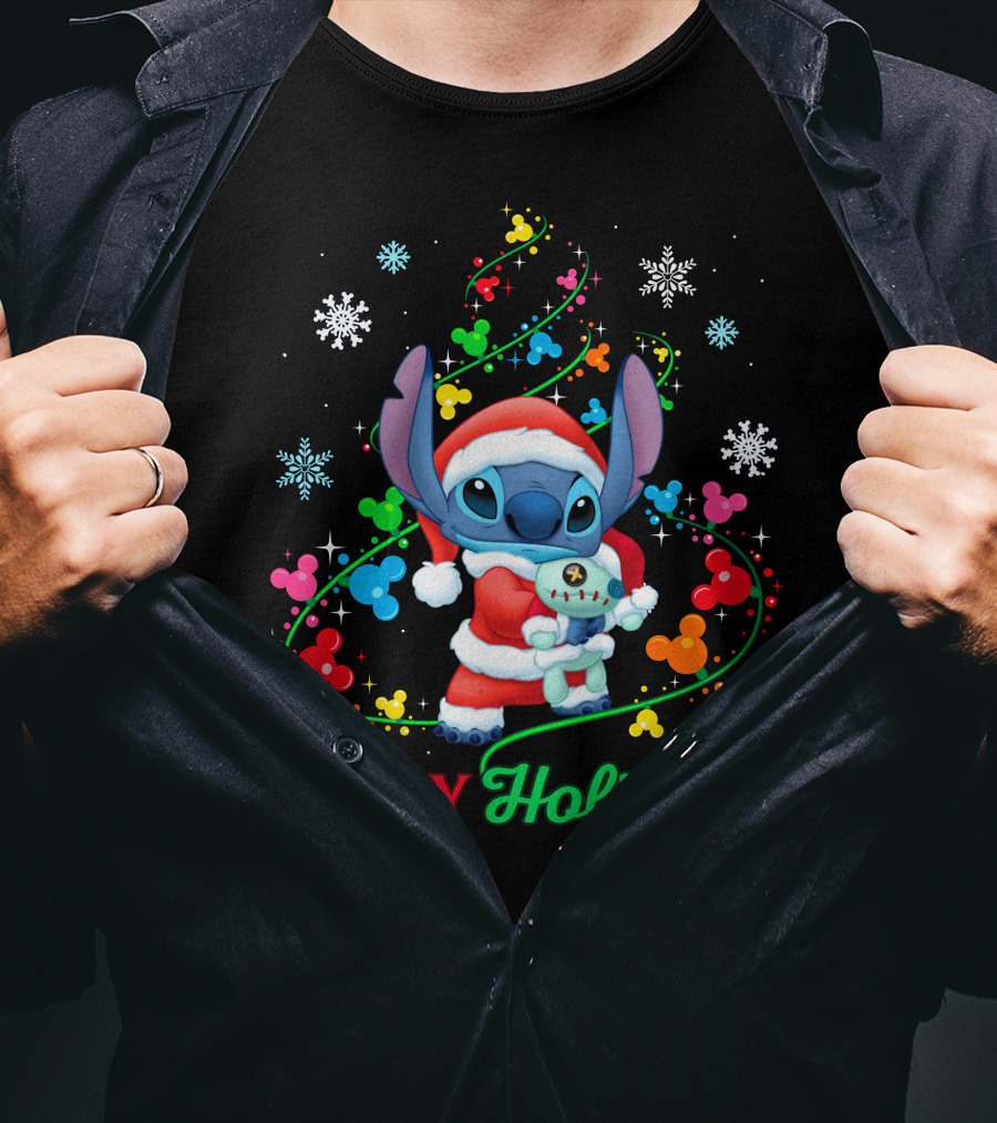 Happy Holidays Stitch Santa With Snowflakes And Mickey Mouse Ears T-Shirt