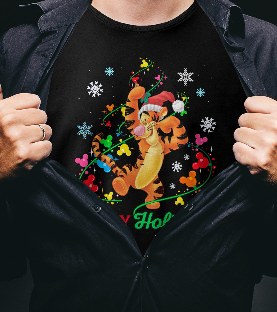 Tigger Happy Holidays Santa Hat Colorful Ornaments Mickey Mouse Ears Snowflakes T-Shirt