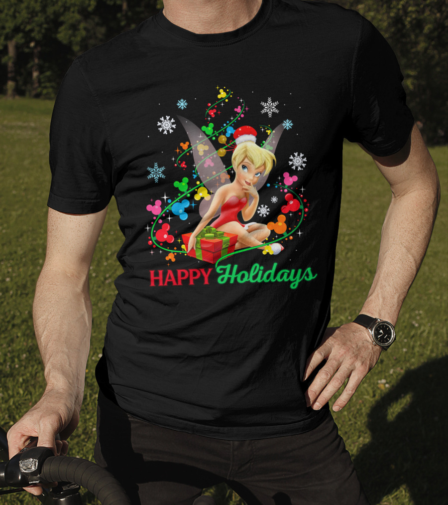 Happy Holidays Tinkerbell Santa Hat And Present T-Shirt