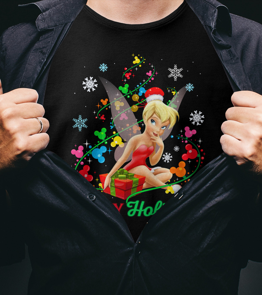 Happy Holidays Tinkerbell Santa Hat And Present T-Shirt