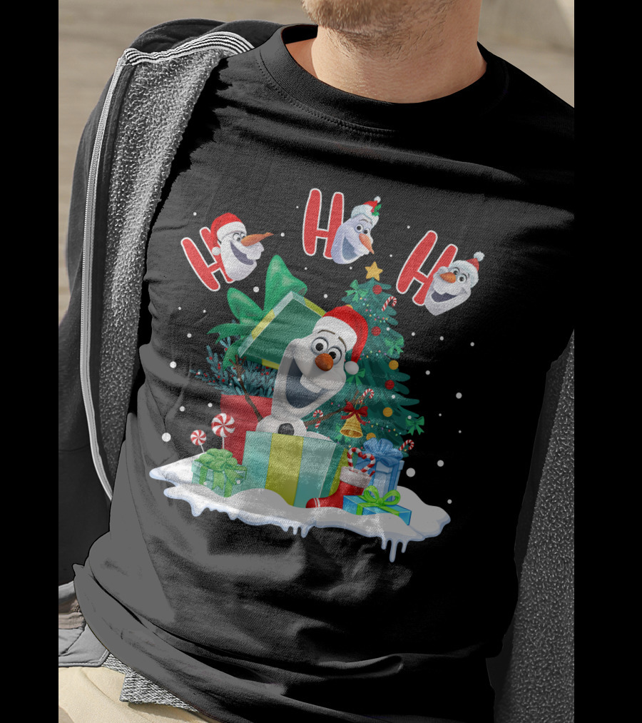 Olaf Christmas Santa Hat Presents Snowman Festive Holiday Tree Ho Ho Ho T-Shirt